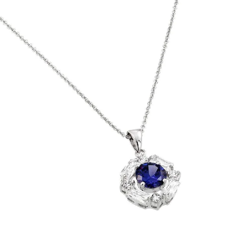 Necklaces and pendants with custom designs for a completely unique jewelry piece-Silver 925 Rhodium Plated Circle Blue Center CZ Necklace - BGP00809B