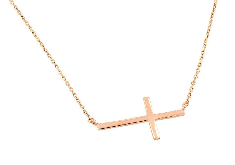 Personalized necklaces and pendants with name engravings for a custom touch-Silver 925 Rose Gold Plated Plain Sideways Solid Cross Pendant Necklace - BGP00821RGP