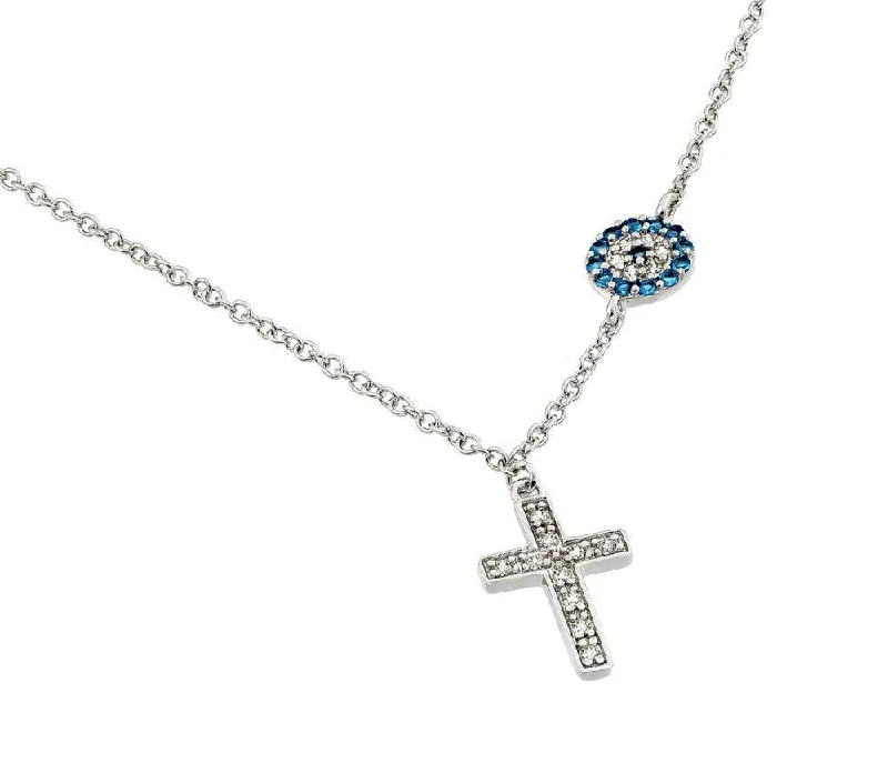 Best necklaces and pendants with opal gemstones for an iridescent glow-Silver 925 Rhodium Plated Clear CZ Stone Cross with Blue CZ Stone Circle Pendant Necklace - BGP00844