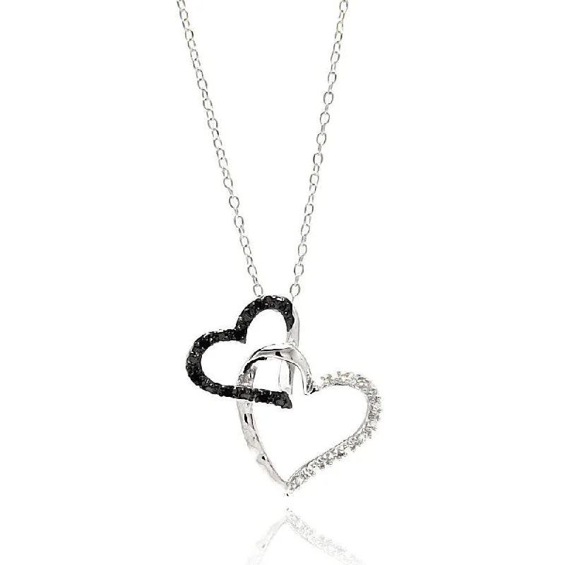 Necklaces and pendants with engraved messages for a deeply personal, sentimental gift-Silver 925 Rhodium Plated Double Open Heart Black and Clear CZ Necklace - BGP00681