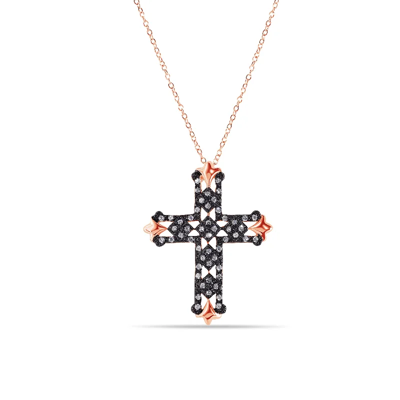 Necklaces and pendants with sun and moon motifs for a celestial-inspired design-Silver 925 Rose Gold and Black Plated Clear Cross CZ Necklace - BGP00687RGP