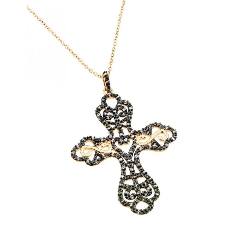 Best necklaces and pendants with turquoise stones for a vibrant boho-chic look-Clearance-Silver 925 Rose Gold Plated Black and Clear Cross CZ Dangling Inlay Necklace - BGP00696