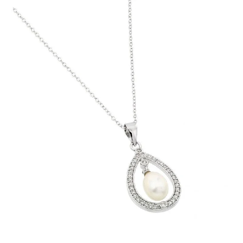 Beautiful necklaces and pendants with natural stones for an earthy, organic vibe-Silver 925 Rhodium Plated Fresh Water Pearl Surrounded by Clear CZ Pendant Necklace - BGP00974