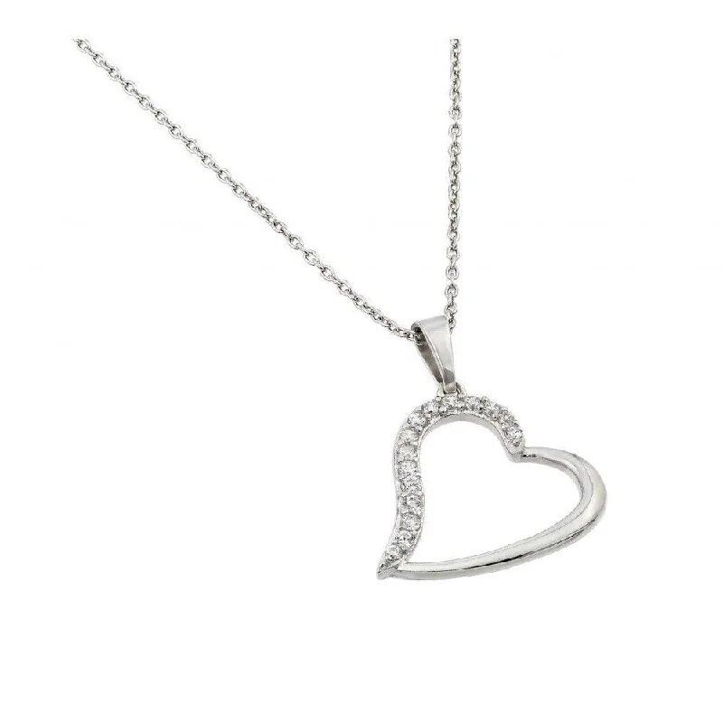 Unique necklaces and pendants with artistic shapes for a creative, one-of-a-kind design-Silver 925 Rhodium Plated Clear CZ Slanted Heart Pendant Necklace - STP01433