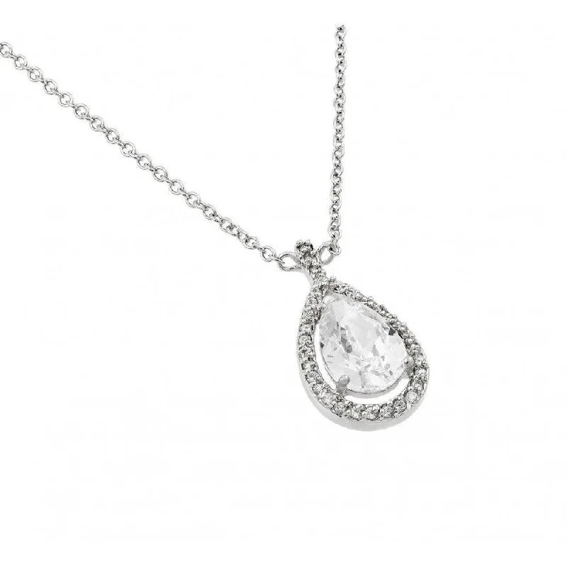 Beautiful necklaces and pendants with geometric shapes for a modern, artistic design-Silver 925 Rhodium Plated Clear CZ Drop Shape Pendant Necklace - BGP00922