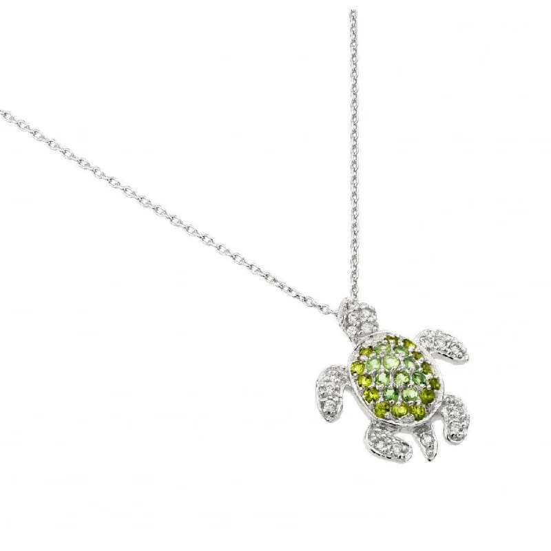 Beautiful necklaces and pendants with geometric shapes for a modern, artistic design-Silver 925 Rhodium Plated Green CZ Turtle Pendant Necklace - STP01461