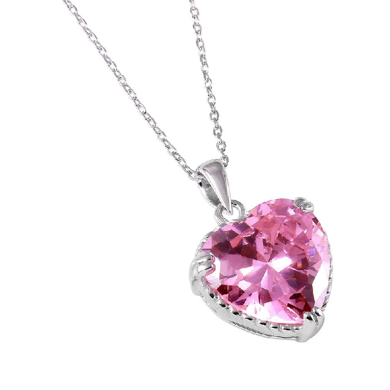 Best necklaces and pendants with heart-shaped designs for a romantic look-Silver 925 Rhodium Plated Pink Heart CZ Rope Necklace - BGP00731PNK