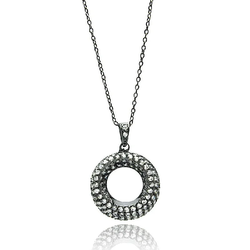 Stunning necklaces and pendants with jade gemstones for a calming green hue-Silver 925 Black Rhodium Plated Open Circle Clear CZ Necklace - BGP00694