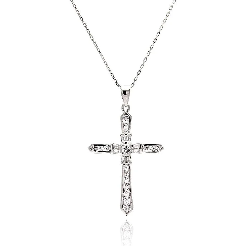 Beautiful necklaces and pendants with geometric shapes for a modern, artistic design-Silver 925 Rhodium Plated Cross CZ Necklace - BGP00511