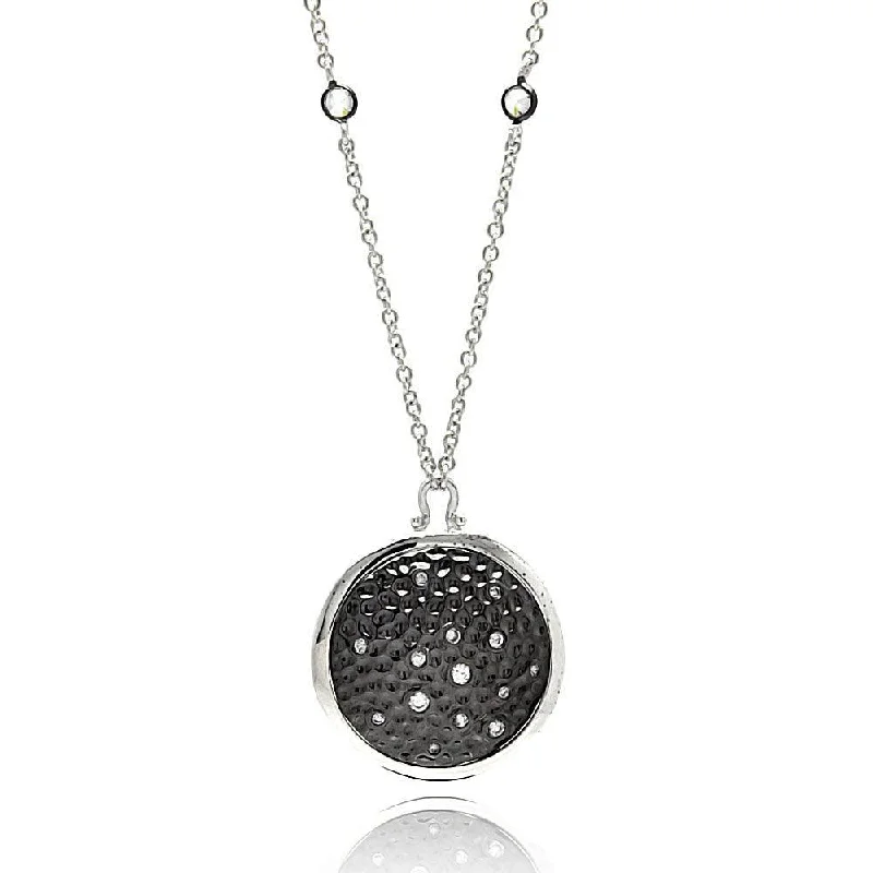 Necklaces and pendants with geometric pendants for a clean, contemporary design-Silver 925 Black Rhodium Plated Black and Clear CZ Circular Pendant Necklace - STP01343