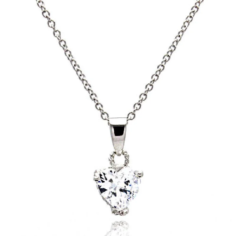 Best necklaces and pendants with butterfly pendants for a delicate, light style-Silver 925 Rhodium Plated Clear Heart Solitaire CZ Rope Necklace - STP00090