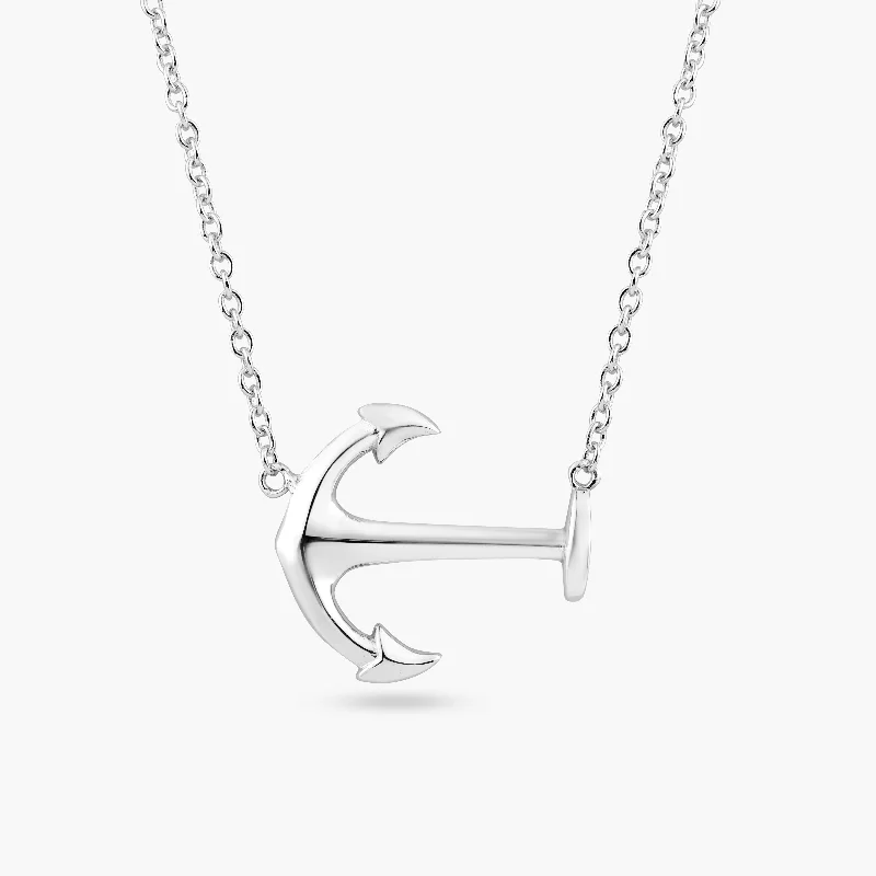 Best necklaces and pendants with black diamonds for an edgy, bold statement-Silver 925 Rhodium Plated Solid Sideways Anchor Pendant Necklace - BGP00880