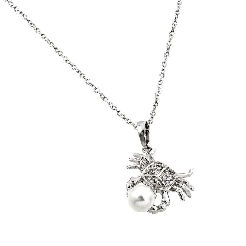 Necklaces and pendants with matching rings for a coordinated set of jewelry-Silver 925 Rhodium Plated Clear CZ Stone Crab Holding Synthetic Pearl Pendant Necklace - BGP00857