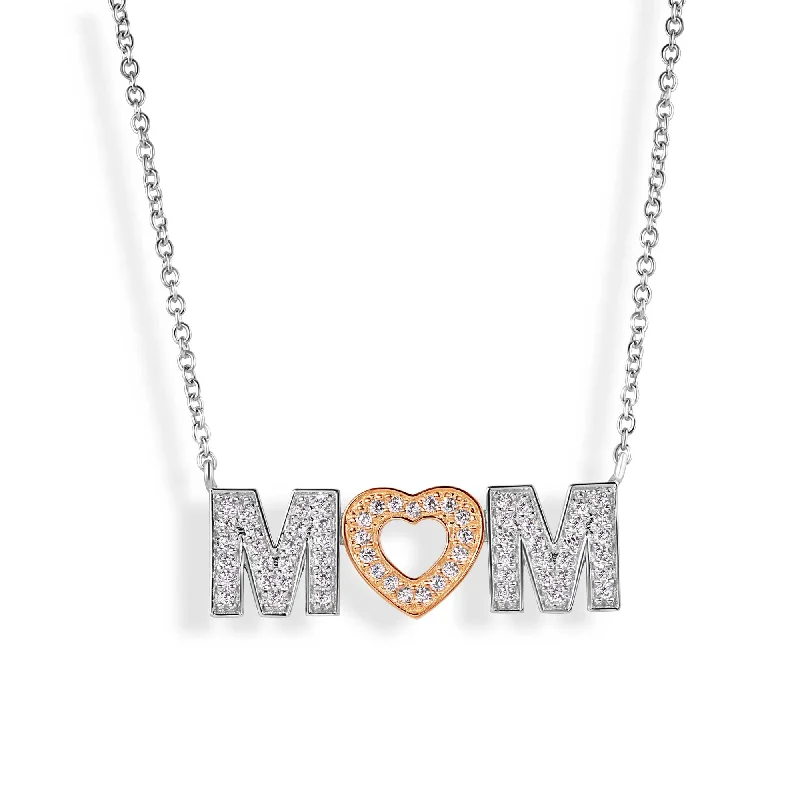 Best necklaces and pendants with intricate filigree for vintage-inspired elegance-Silver 925 Rhodium and Gold Plated Clear CZ MOM with Heart Pendant Necklace - BGP00831