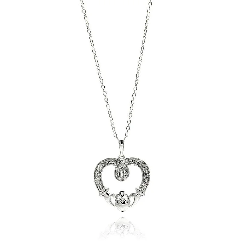 Beautiful necklaces and pendants with natural stones for an earthy, organic vibe-Silver 925 Rhodium Plated Open Heart CZ Outline Necklace - BGP00684