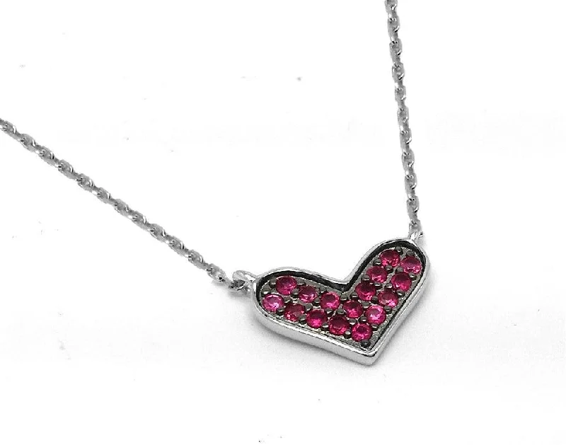 Necklaces and pendants with celestial starburst designs for a radiant look-Silver 925 Rhodium and Black Rhodium Plated Red CZ Wide Heart Pendant Necklace - BGP00943RED