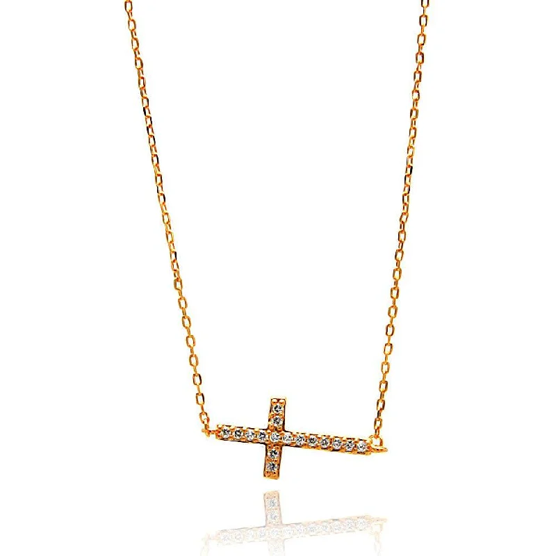 Best necklaces and pendants with adjustable chains for a customizable fit-Silver 925 Rose Gold Plated Sideways Cross CZ Necklace - BGP00672