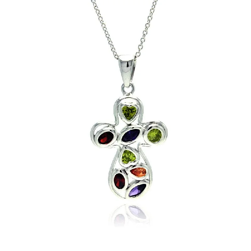 Elegant necklaces and pendants with diamond accents for added sparkle-Silver 925 Rhodium Plated Colorful CZ Round Cross Pendant Necklace - STP01139