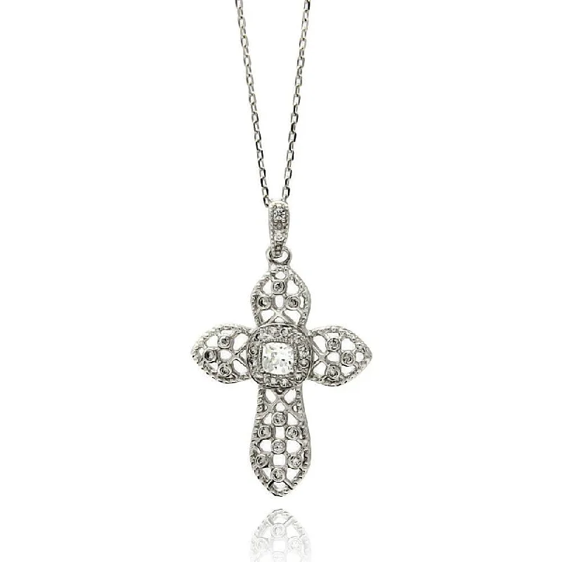 Necklaces and pendants with sun and moon motifs for a celestial-inspired design-Silver 925 Rhodium Plated Net Cross CZ Necklace - BGP00431