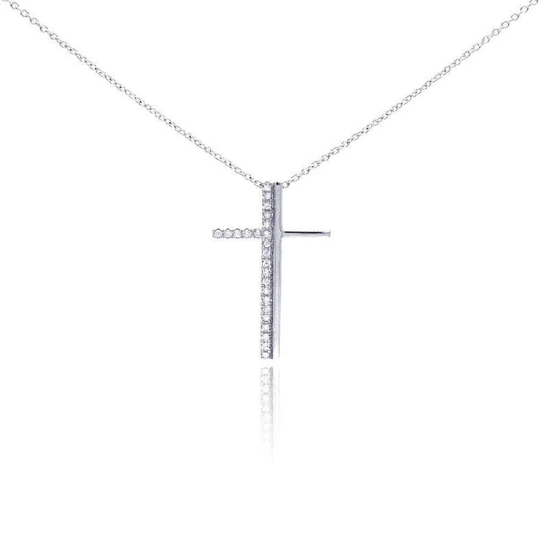 Necklaces and pendants with feather designs for a boho-chic, carefree vibe-Silver 925 Rhodium Plated Clear CZ Cross Pendant Necklace - STP01047