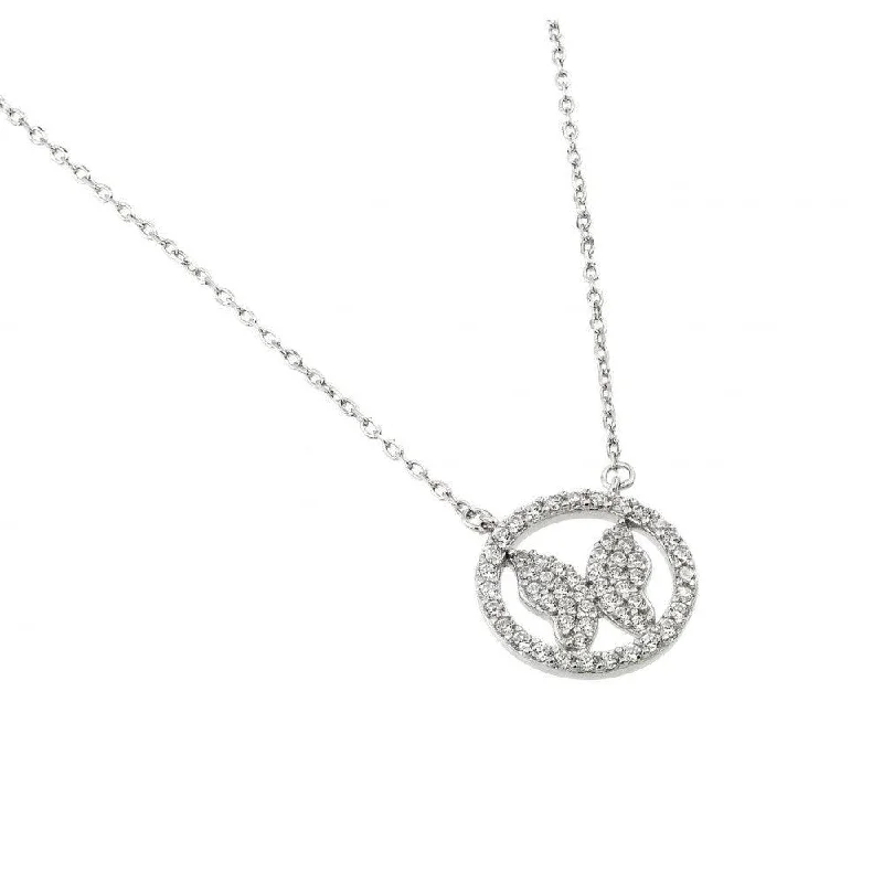 Best necklaces and pendants with matching rings for a coordinated jewelry set-Silver 925 Rhodium Plated Butterfly Circle Necklace - BGP00998