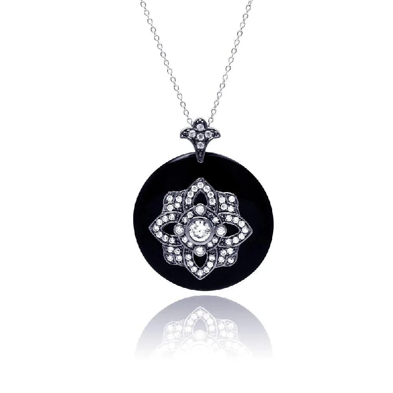 Layered necklaces and pendants for a trendy and fashionable stacked look-Clearance-Silver 925 Black Rhodium Plated Clear CZ Black Synthetic Pendant Necklace - STP01127BLK