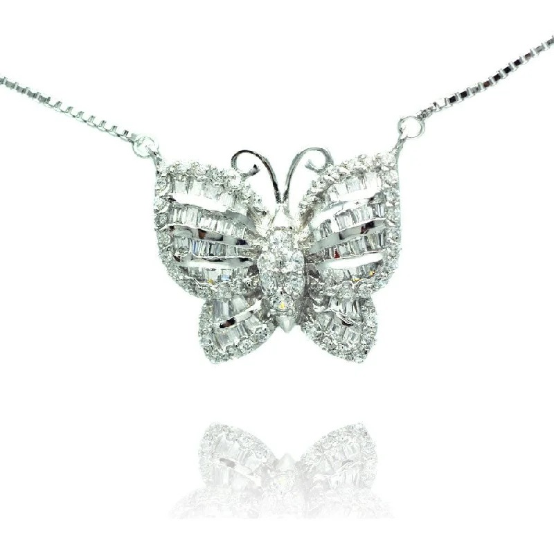 Best necklaces and pendants with oval pendants for a classic, elegant shape-Silver 925 Rhodium Plated Pave Butterfly CZ Necklace - BGP00496