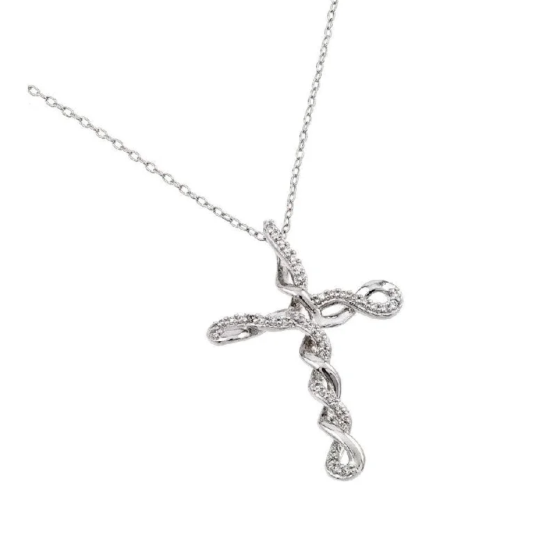 Personalized necklaces and pendants with coordinates for a meaningful location-based gift-Silver 925 Rhodium Plated Clear CZ Tied Cross Pendant Necklace - BGP00907