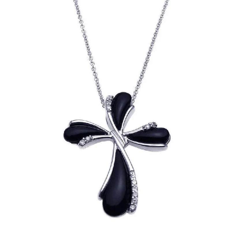 Personalized necklaces and pendants with coordinates for a meaningful location-based gift-Silver 925 Rhodium Plated Clear CZ Black Pear Cross Pendant Necklace - STP00890