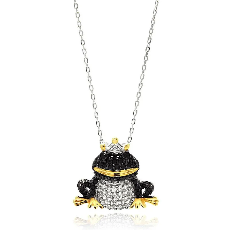 Unique necklaces and pendants with artistic shapes for a creative, one-of-a-kind design-Silver 925 Gold and Rhodium Plated Black Frog CZ Necklace - BGP00583