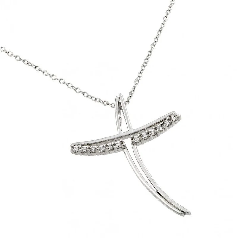 Trendy necklaces and pendants with statement pieces for a bold fashion statement-Silver 925 Rhodium Plated Clear CZ at Curved Open Cross Pendant Necklace - BGP00835