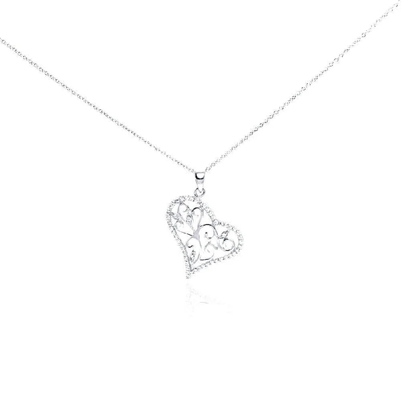 Beautiful necklaces and pendants with tree branch motifs for a nature-inspired design-Silver 925 Rhodium Plated Clear CZ Heart Pendant Necklace - STP01006