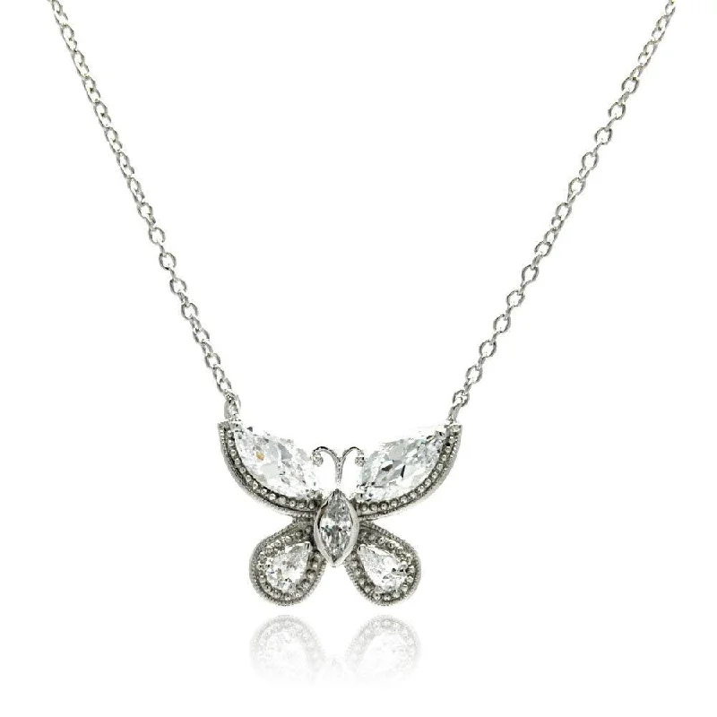 Necklaces and pendants with matching rings for a coordinated set of jewelry-Silver 925 Rhodium Plated Butterfly CZ Necklace - BGP00502