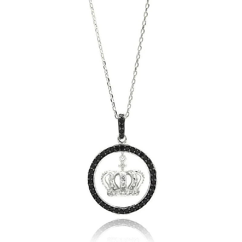 Best necklaces and pendants with statement designs for a fashionable accessory-Silver 925 Rhodium Plated Round Open Disc Black Border CZ Center Crown Necklace - BGP00581