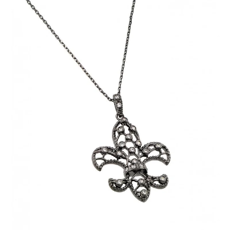 Stunning necklaces and pendants with aquamarine stones for a serene effect-Silver 925 Black Rhodium Plated Open Fleur De Lis CZ Necklace - BGP00433