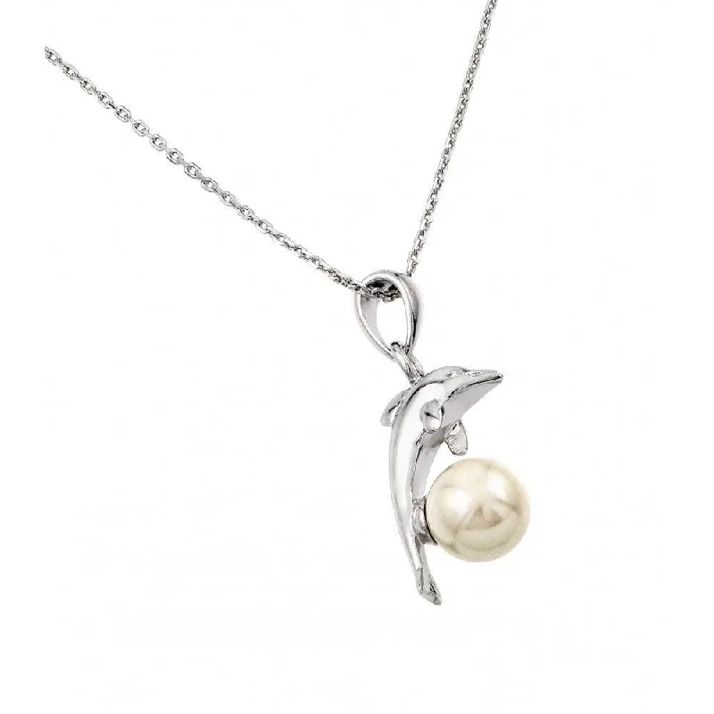 Best necklaces and pendants with art deco elements for a vintage, glamorous design-Silver 925 Rhodium Plated Dolphin Leaping Over Pearl Pendant Necklace - BGP00874