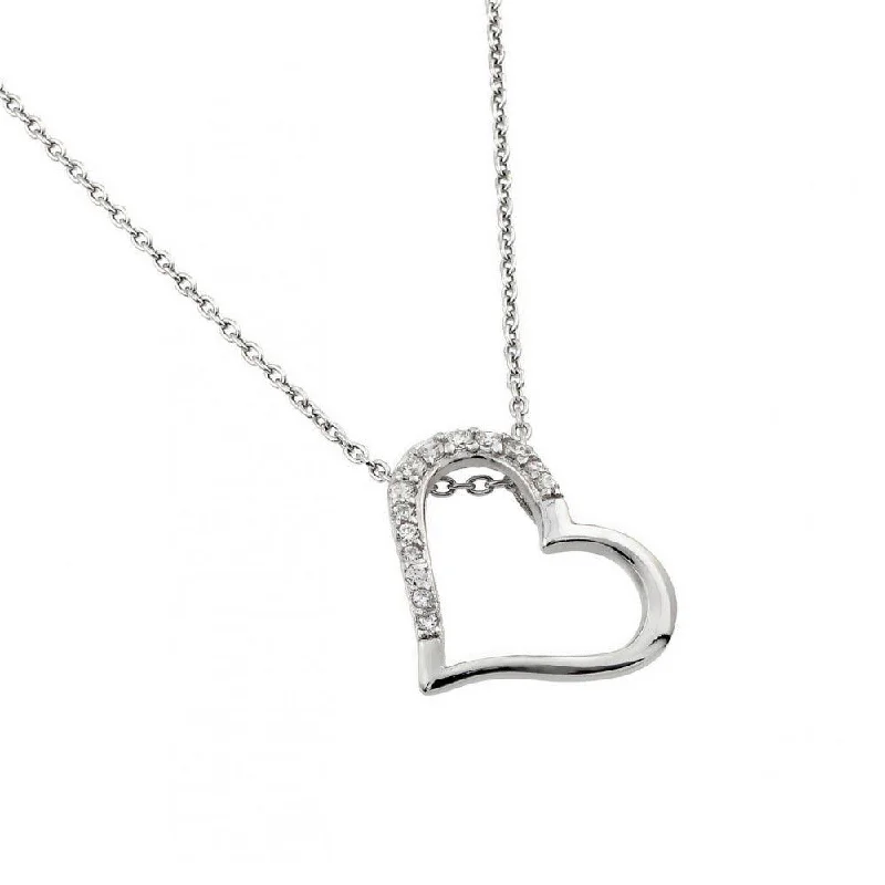 Necklaces and pendants with custom engravings for a personal, meaningful gift-Silver 925 Rhodium Plated Clear CZ Slanted Heart Pendant Necklace - STP01432