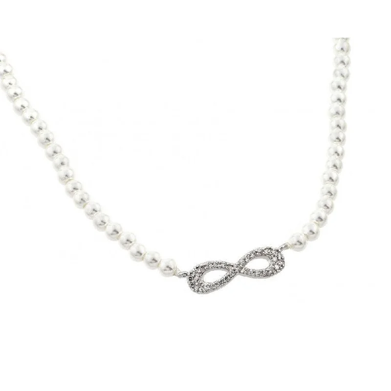 Unique necklaces and pendants with artistic shapes for a creative, one-of-a-kind design-Silver 925 Rhodium Plated Clear CZ Infinity Pendant on Synthetic Pearl Necklace - BGP00903