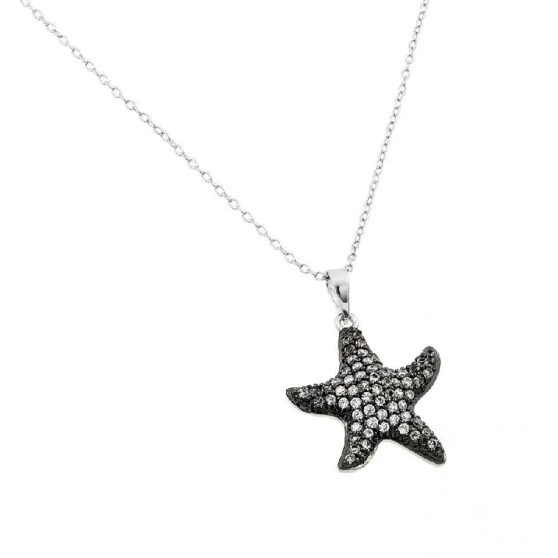 Necklaces and pendants with geometric pendants for a clean, contemporary design-Silver 925 Black Rhodium Plated Clear CZ Star Fish Pendant Necklace - BGP00919