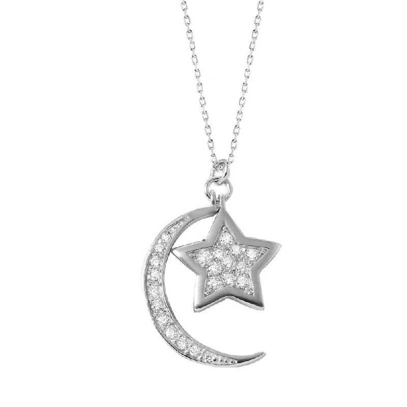 Unique necklaces and pendants with custom birthstone arrangements for personalization-Silver 925 Rhodium Plated Moon Star Necklace - BGP01005