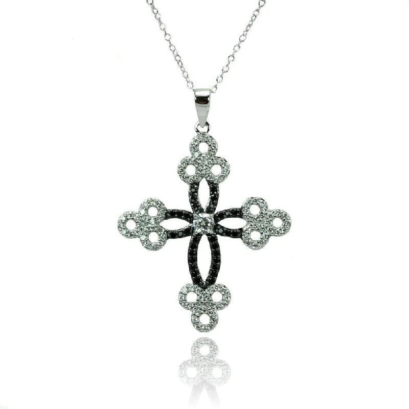 Beautiful necklaces and pendants with diamond halo settings for extra brilliance-Silver 925 Rhodium Plated Cross CZ Necklace - BGP00777