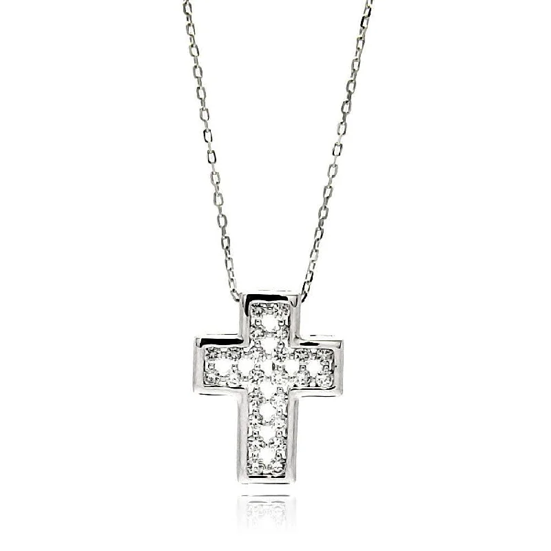 Necklaces and pendants with custom engravings for a personal, meaningful gift-Silver 925 Rhodium Plated Cross CZ Inlay Necklace - BGP00582