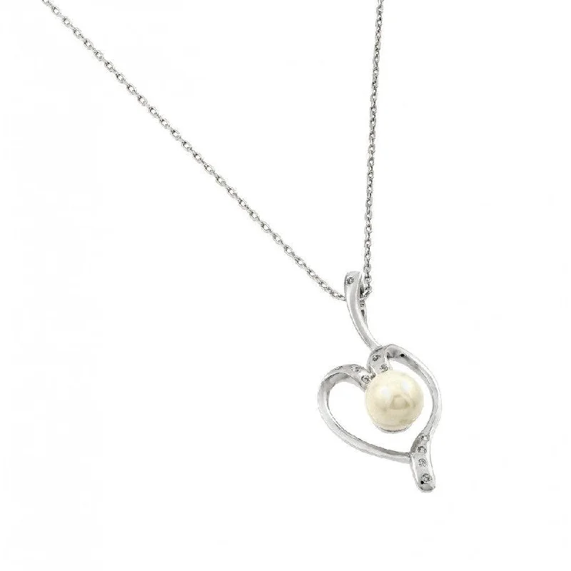 Stunning necklaces and pendants with birthstone pendants for a personal touch-Silver 925 Rhodium Plated Open Heart CZ Center Pearl Necklace - BGP00611