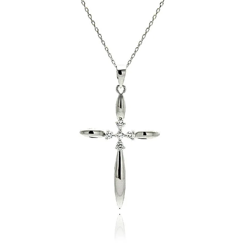 Necklaces and pendants with lotus flower designs for a spiritual, peaceful vibe-Silver 925 Rhodium Plated High Polished Cross CZ Necklace - BGP00507