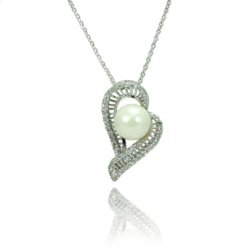 Necklaces and pendants with love knot designs for a romantic, meaningful symbol-Silver 925 Rhodium Plated Micro Pave CZ Pearl Necklace - BGP00795