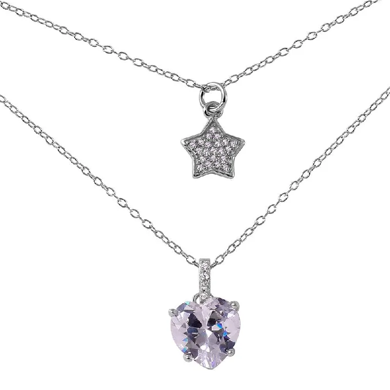 Beautiful necklaces and pendants with moonstone for an ethereal, mystical appearance-Silver 925 Rhodium Plated Star Heart CZ Necklace - STP01455