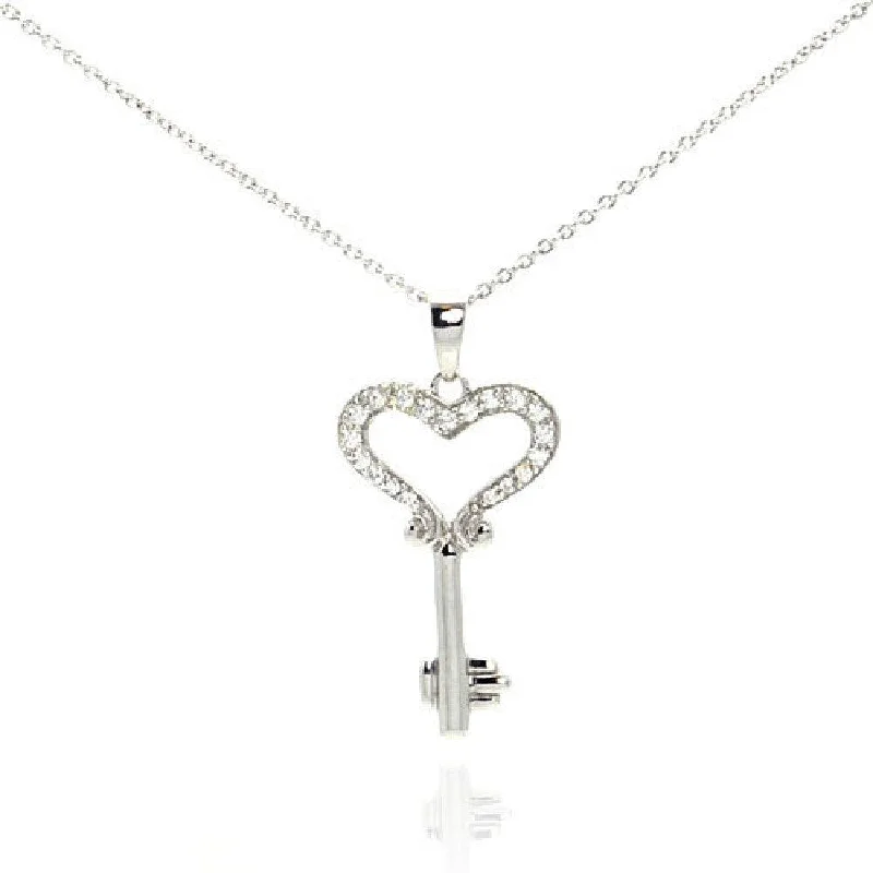 Necklaces and pendants with leaf-shaped designs for an earthy, organic feel-Silver 925 Black Rhodium Plated Clear CZ Key Heart Pendant Necklace - STP00997