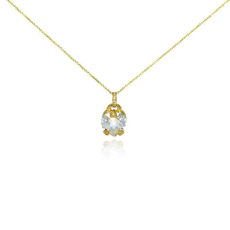 Best necklaces and pendants with floral designs for a feminine and elegant feel-Clearance-Silver 925 Gold Plated Clear CZ Heart Pendant Necklace - STP00927