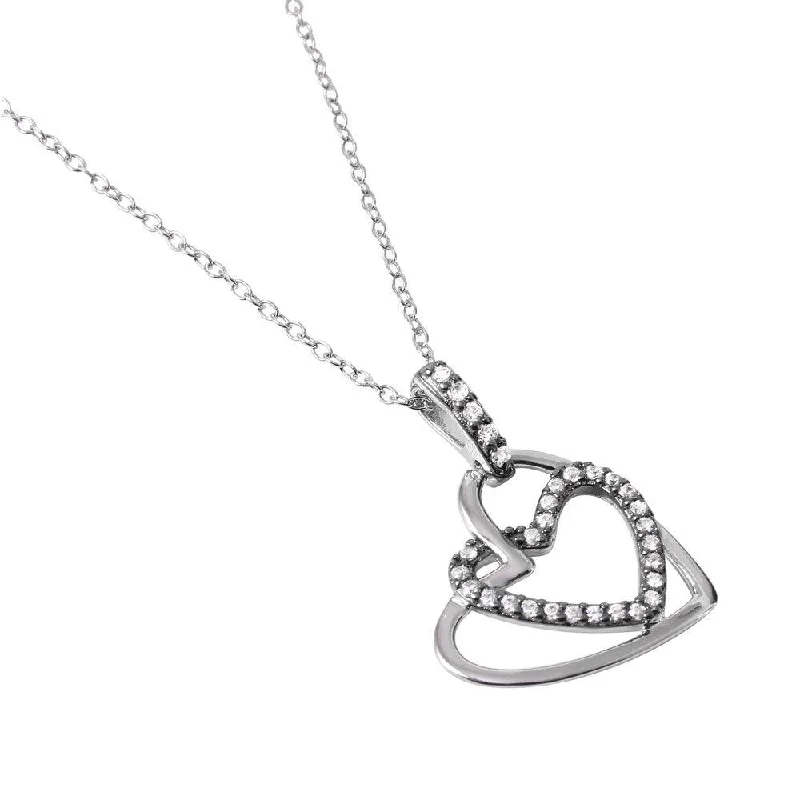 Best necklaces and pendants with layered designs for a chic, stacked look-Silver 925 Rhodium Plated Clear CZ Dual Open Hearts Pendant Necklace - BGP01030