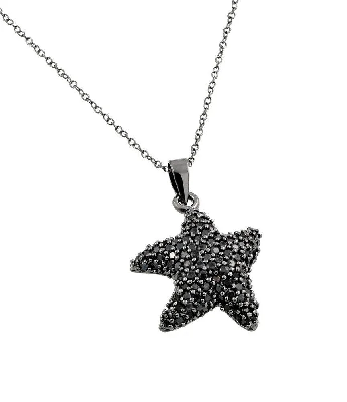 Necklaces and pendants with lotus flower designs for a spiritual, peaceful vibe-Silver 925 Black Rhodium Plated Black CZ Stone Onyx Star Fish Pendant Necklace - BGP00852